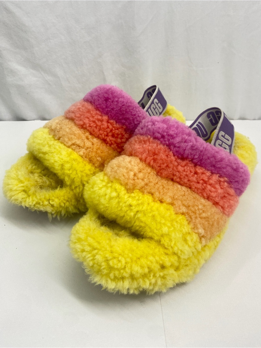 UGG “Fluff Yeah” Slide sandals slippers rainbow pink yellow orange size 4/4.5